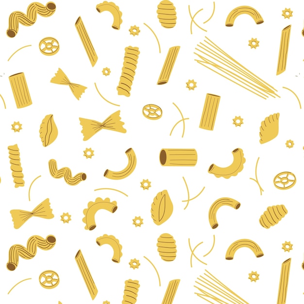 Patrón de pasta Textura sin costuras de macarrones italianos tradicionales diferentes tipos caseros de espaguetis crudos Decoración textil papel de envolver papel tapiz vector impresión o tela sobre fondo blanco