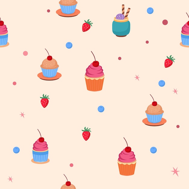 Patrón de pastel sin costuras en un fondo rosa claro con bayas y puntos