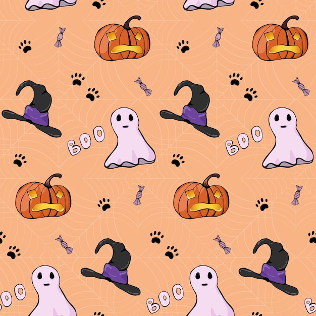 Patrón de pata de gato y caramelo de sombrero de bruja fantasma de calabaza de Halloween
