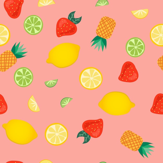 Patrón con patrón de frutas de colores sobre fondo rosa Diseño textil de moda Patrón sin costura textil decorativo Ilustración de vector plano