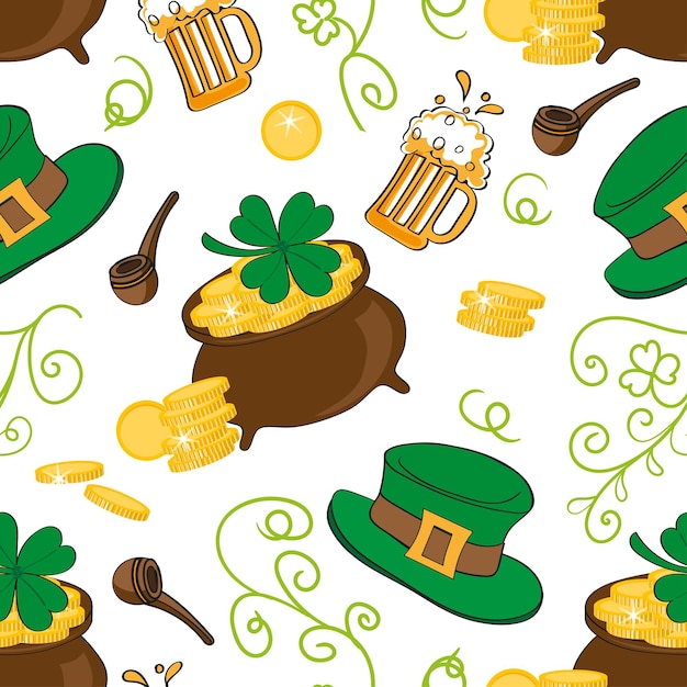 Vector patrón de patrones sin fisuras con símbolos del día de san patricio fondo dibujado a mano para empaquetar banner cubierta postalx9