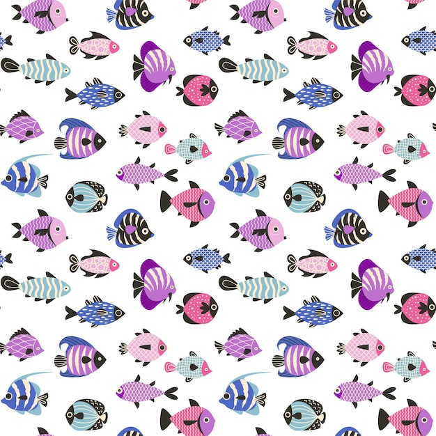 Patrón de peces de colores Impresión perfecta de animales marinos nadando bajo el agua peces tropicales exóticos Textura de fondo vectorial de ilustración de patrón de impresión de mar sin costuras