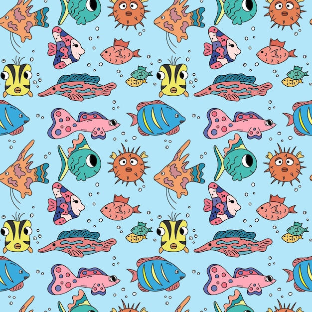 Patrón de peces fondo transparente de la vida del océano ilustración de vector de repetición de peces de colores lindos para niños patrón marino