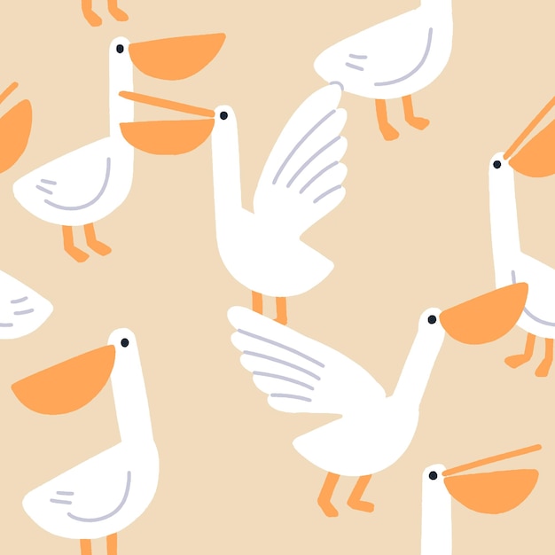 Patrón de pelícanos fondo interminable sin costuras aves tropicales lindas divertidas impresión de fauna repetida para el diseño y decoración de papel tapiz de envoltura de tela Ilustración vectorial plana imprimible