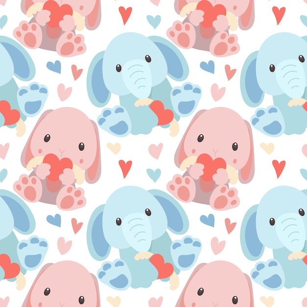 Un patrón de peluches Un elefante azul y una liebre rosa con juguetes en sus manos y diferentes poses