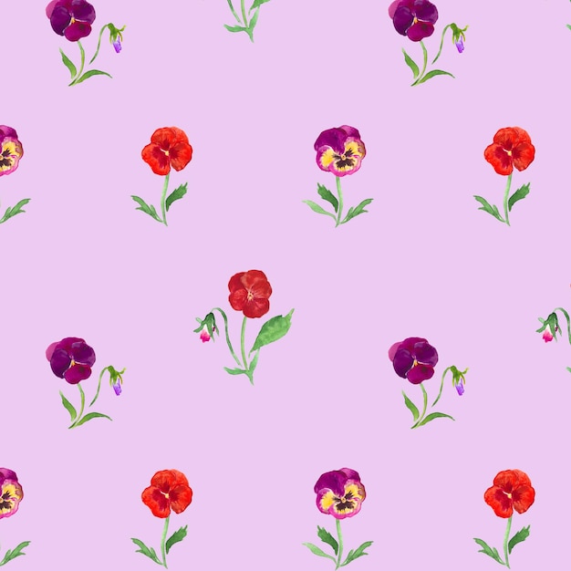 Patrón de pensamientos, patrón de tela púrpura, flores de colores, flores rojas, pensamiento púrpura