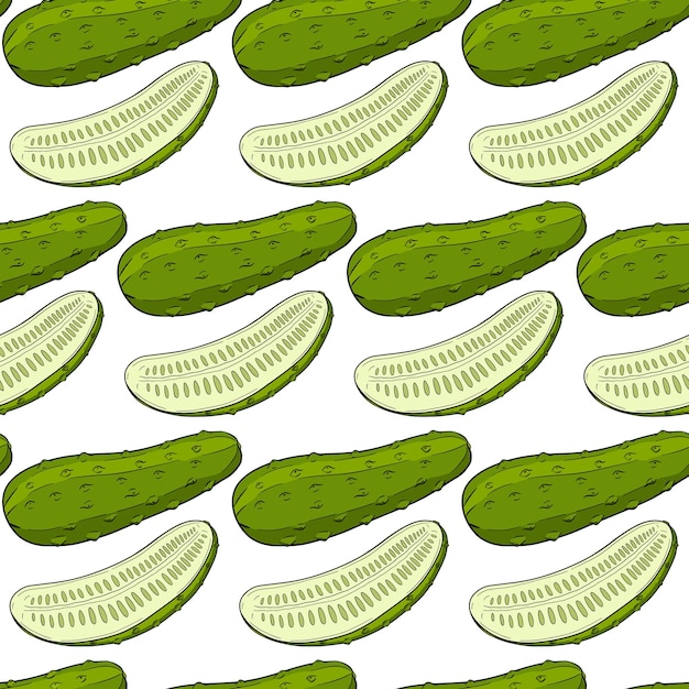 Vector patrón de pepino vectorial. patrón de color vegetal. dibujo detallado de pepinos. producto del mercado agrícola.