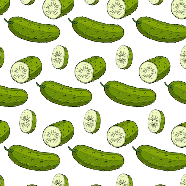 Patrón de pepino vectorial. Patrón de color vegetal. Dibujo detallado de pepinos. Producto del mercado agrícola.