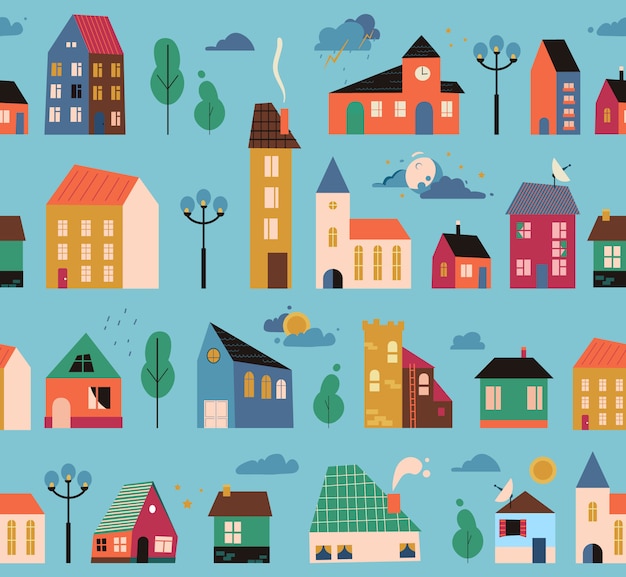 patrón de pequeñas casas diminutas, cubierta - calles con edificios, árboles y nubes. Dibujos animados de casas geométricas de patrones sin fisuras. Dibujado a mano ilustración de moda.