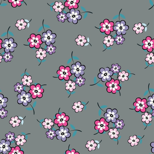 un patrón con pequeñas flores y hojas en un fondo gris