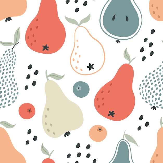 Patrón de pera sin costuras impresión linda con sabor a fruta frutas brillantes dibujadas a mano ilustración vectorial