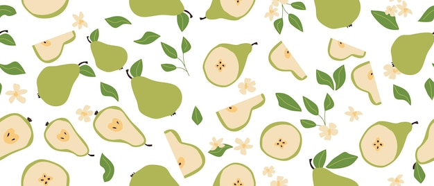 Patrón de pera de fruta abstracta brillante dibujado a mano con partes de plantas y alimentos en rodajas Fondo lindo con frutas