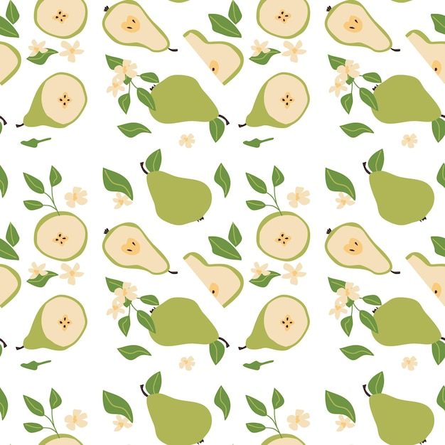 Patrón de peras de frutas abstractas brillantes dibujadas a mano con partes de plantas y alimentos en rodajas Fondo lindo
