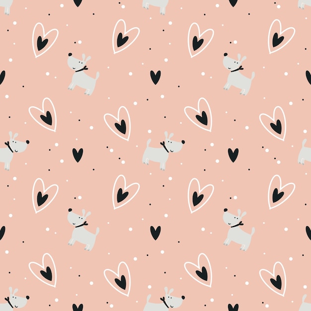 Patrón de perros lindos. Linda pareja de perros cariñosos. Estampado de bebé moderno sin costuras para imprimir en pañales, ropa de cama, pijamas. Fondo para papel digital, scrapbooking. Ilustración vectorial, doodle