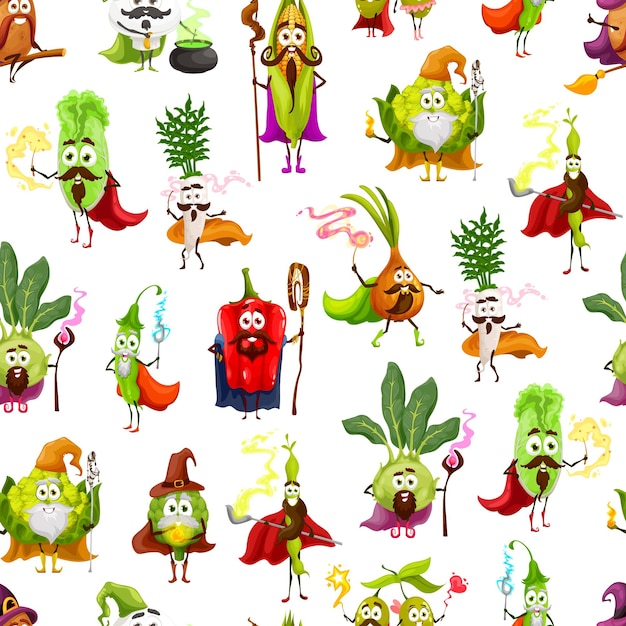 Patrón de personajes vegetales de magos de dibujos animados