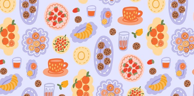Patrón de picnic sin costuras vectorial con galletas de croissant de tarta de cereza, fresa de cítricos y juego de té