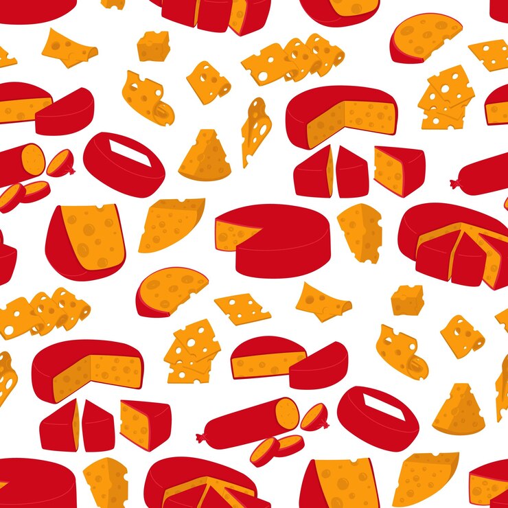 Vector patrón de piezas triangulares y rebanadas delgadas de queso amarillo dispuestas una encima de la otra cera roja