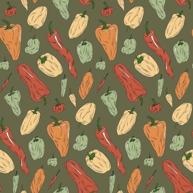 Patrón de pimentón de color en fondo verde Ilustración de estilo plano de pimienta para papel textil