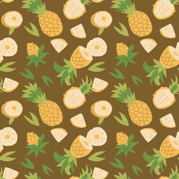 Patrón de piña de frutas brillantes de verano dibujado a mano con partes de plantas y alimentos en rodajas Fondo de piña lindo con frutas