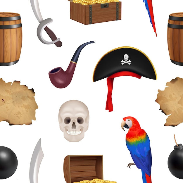 Patrón pirata artículos corsarios antiguo mapa cráneo y huesos loro tesoros piratas vector decente plantilla sin costuras