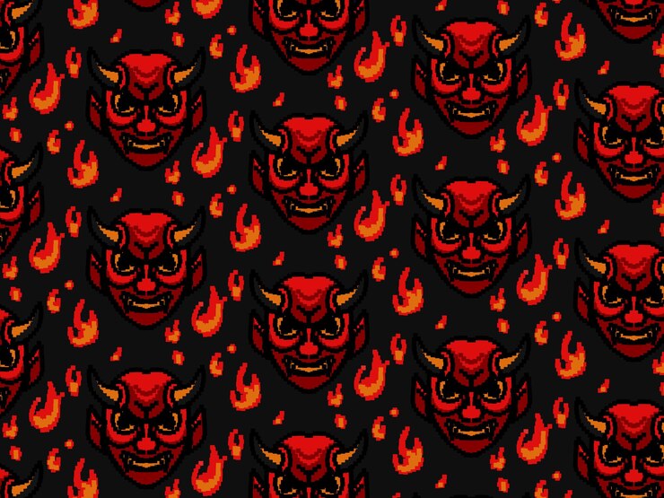 patrón de píxeles oni japonés con fuego