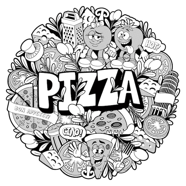 Patrón de pizza de doodle redondo, esta ilustración también se puede usar como un libro para colorear