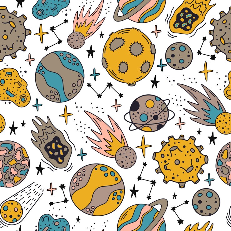 Vector patrón de planetas espaciales. lindos planetas dibujados a mano y estrellas de patrones sin fisuras