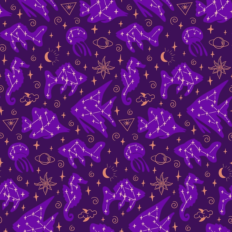 Vector patrón plano sin costura místico esotérico con peces y estrellas tema oscuro criaturas marinas dibujadas a mano