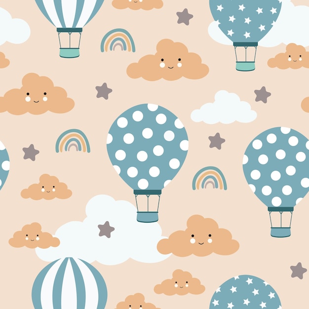 patrón plano sin costuras de dibujos animados con bonitos globos de aire caliente