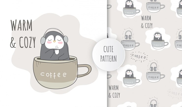 Patrón plano lindo animal pingüino en la taza de café