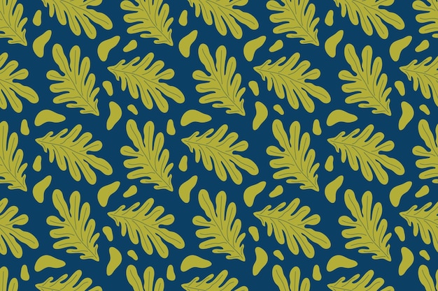 Patrón de plantas abstractas sin costuras Hojas verdes en un fondo azul oscuro Ilustración de primavera brillante