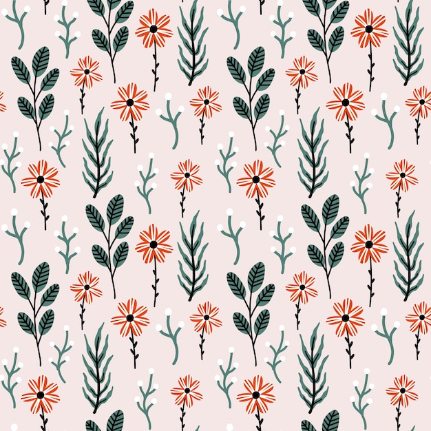Patrón de plantas con flores sobre un fondo rosa.