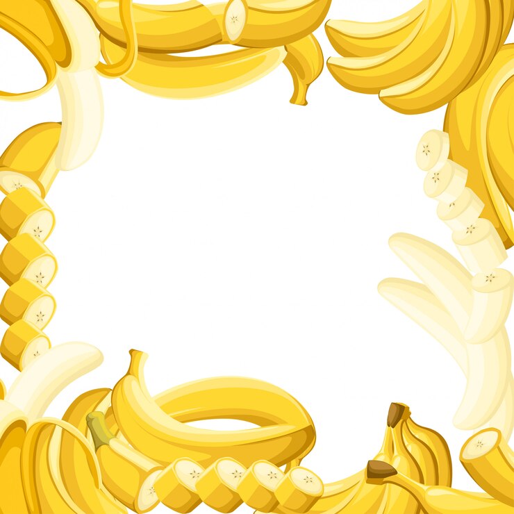 Vector patrón de plátano y rodajas de plátano. ilustración con espacio vacío para cartel decorativo, producto natural emblema, mercado de agricultores. página web y aplicación móvil