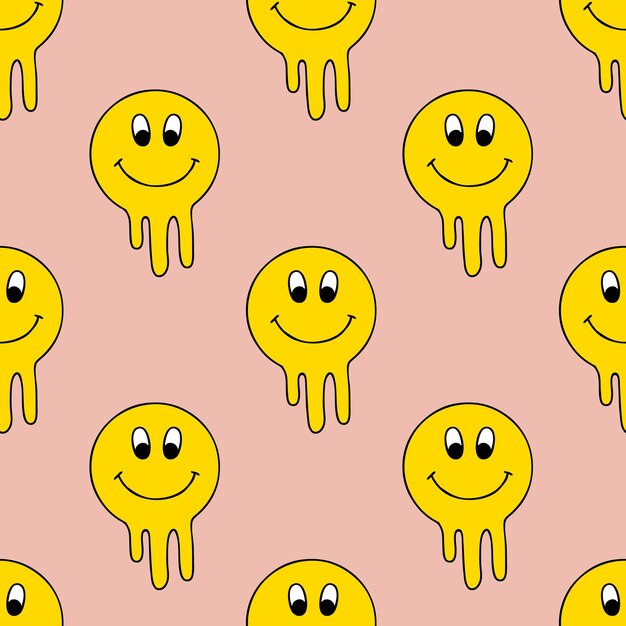 Patrón positivo sin costuras con cara de sonrisa goteante Estampado retro maravilloso para tee textil y tela Doodle ilustración vectorial para decoración y diseño