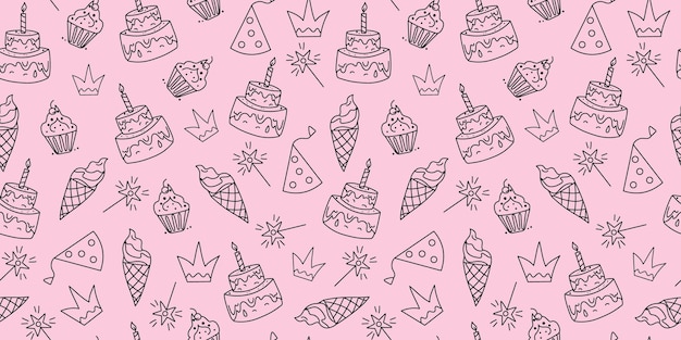 Patrón postre de comida dulce cumpleaños pastel de vela helado conjunto de iconos lindos vacaciones fondo sin costuras