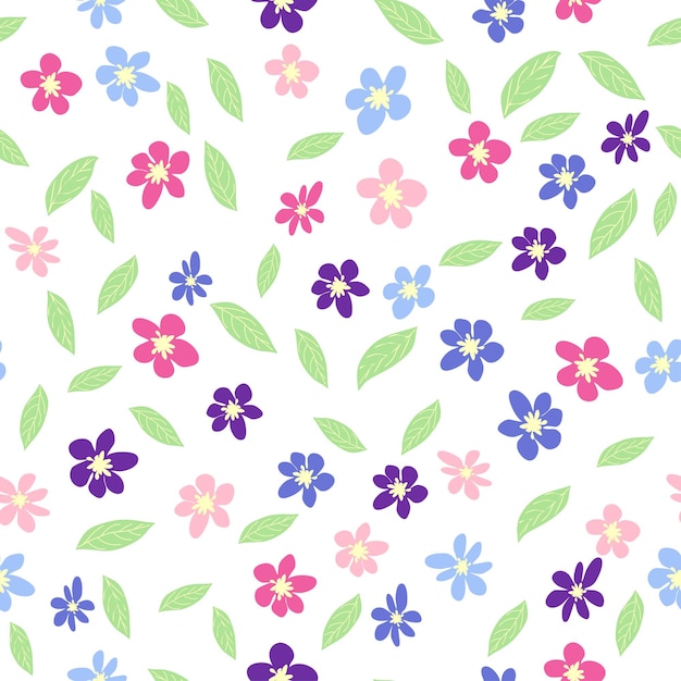 Patrón de pradera sin costuras con flores con flores de manzanilla rosa lavanda azul púrpura y hojas suave femenino infantil