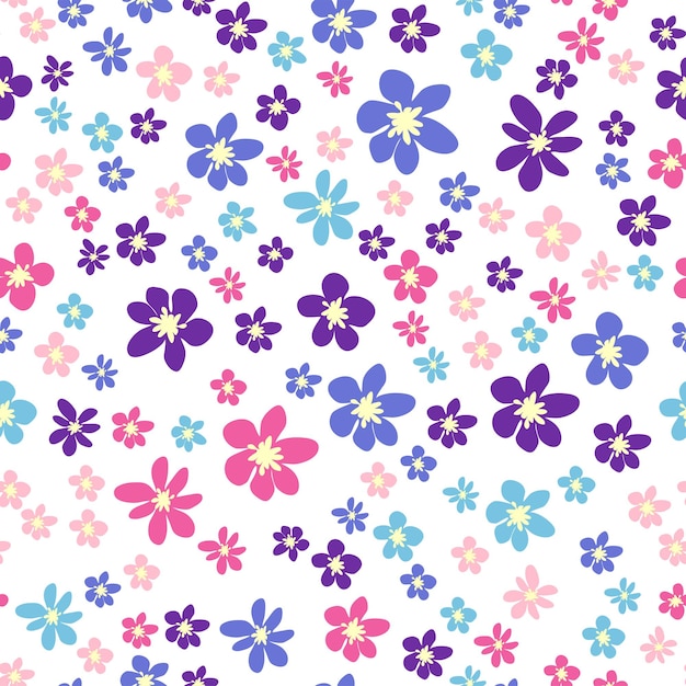 Patrón de pradera sin costuras con flores con flores de manzanilla rosa lavanda azul púrpura y hojas suave femenino infantil