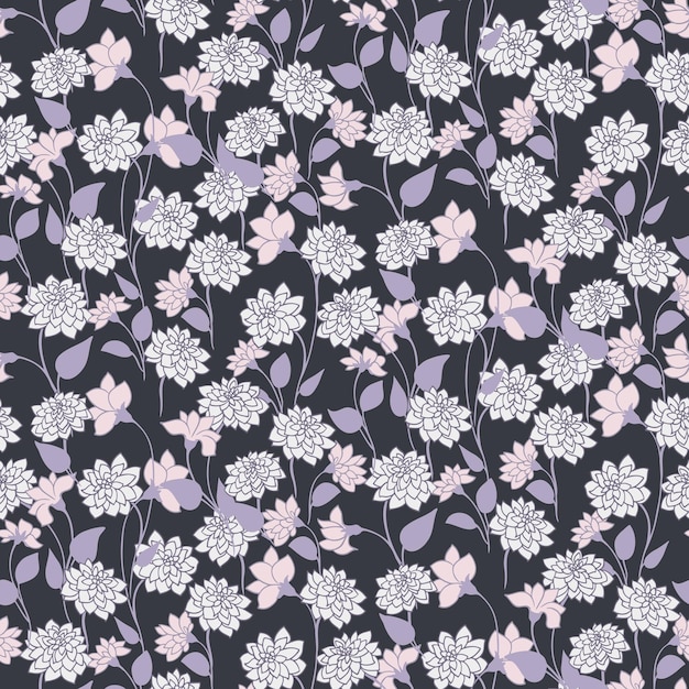Patrón de prado en flor monocromático en un fondo gris oscuro Flores silvestres artísticas abstractas