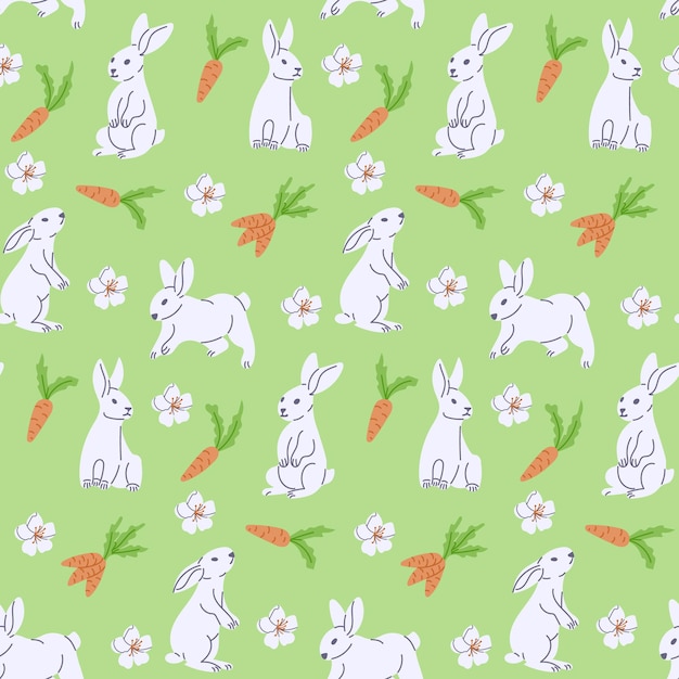 Patrón de primavera con conejitos blancos y zanahorias