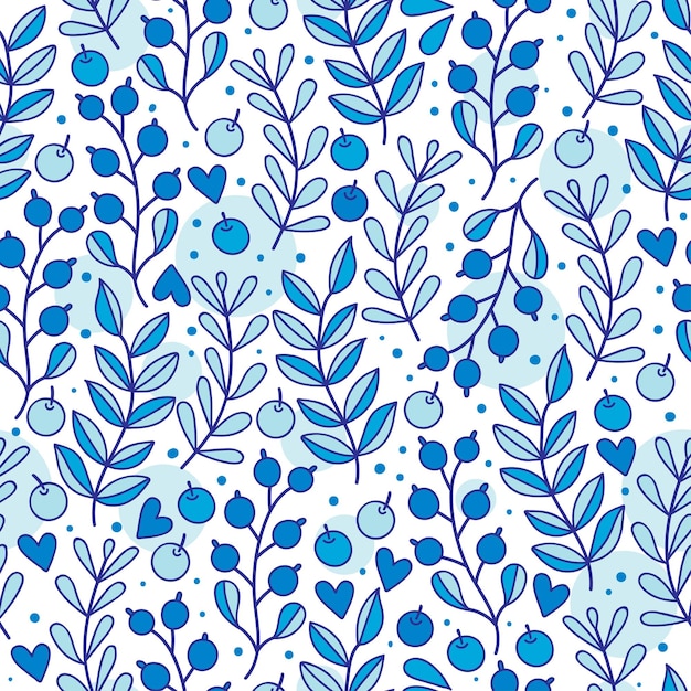 Patrón de primavera sin costuras con corazones de puntos de bayas azules y ramita con hojas