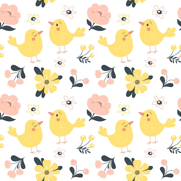 Patrón de primavera sin fisuras con lindos pájaros y flores.