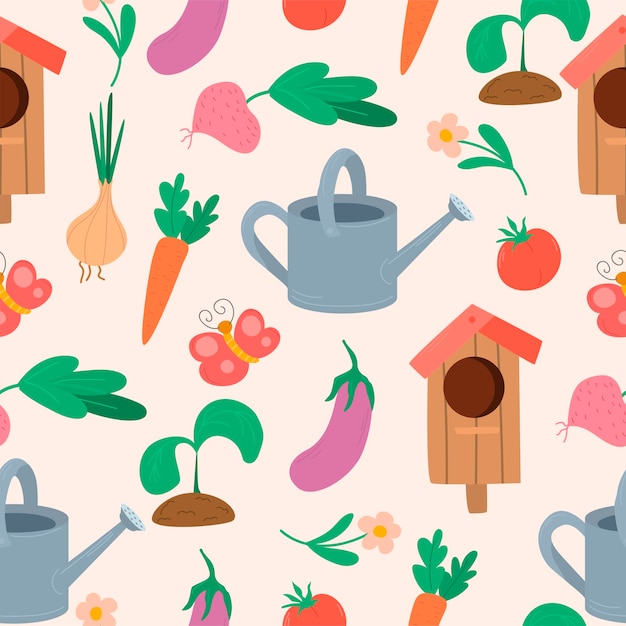 Patrón de primavera con flores, verduras y herramientas de soda, ilustración vectorial dibujada a mano