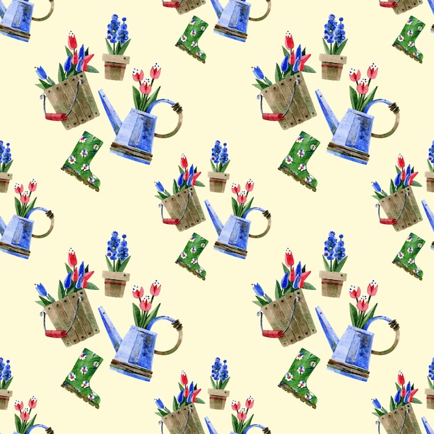Patrón de primavera con herramientas de jardín Patrón sin costuras con flores de primavera regadera cubo de madera bota de goma Ilustraciones de acuarela dibujadas a mano sobre un fondo beige claro Para tarjetas textiles