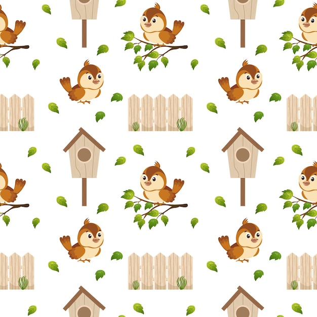Patrón de primavera sin inconvenientes, lindos pájaros gorriones en ramas, pajareras, cercas de madera