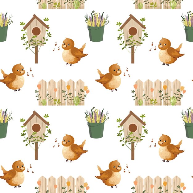 Patrón de primavera sin inconvenientes, lindos pájaros, pajareras, latas de agua con flores sobre un fondo blanco.