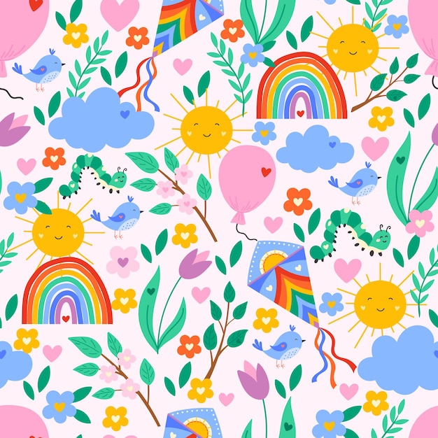 patrón de primavera kawaii sin costuras con arco iris soles y nubes en un colorido diseño vectorial pastel perfecto para niños textiles papel tapiz y papel de envolver