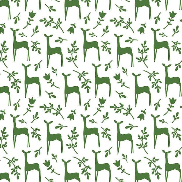 Patrón de primavera verde transparente con siluetas de ciervos, flores y hojas. Paté minimalista natural