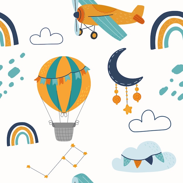 Patrón sin problemas de transporte aéreo con globos de aire caliente, aviones, nubes, arco iris, luna y estrellas