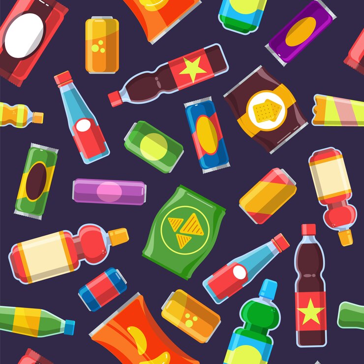 Vector patrón de productos de aperitivos. alimentos para máquinas expendedoras bebidas frías refresco de cola paquete poco saludable de chips galletas galletas vector plano sin costuras