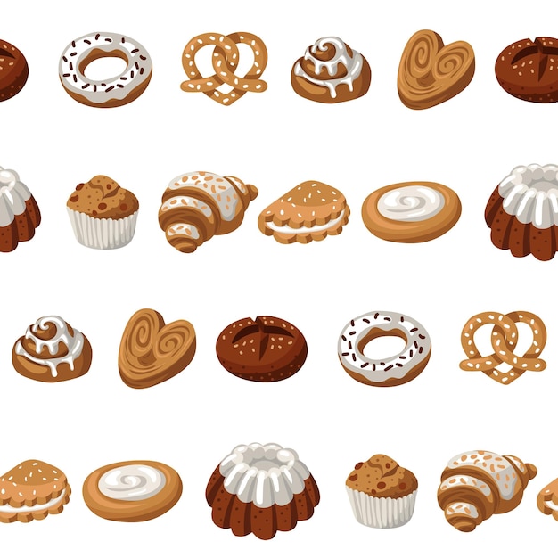 Un patrón de productos de panadería de colores una ilustración natural de hornear en una fila esquema de colores naturales
